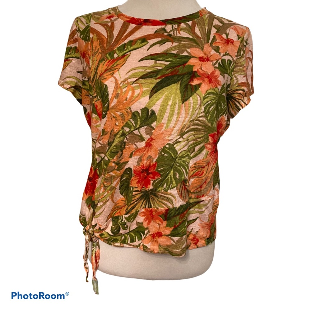 J. JILL top tee short sleeve linen pink green floral Size M